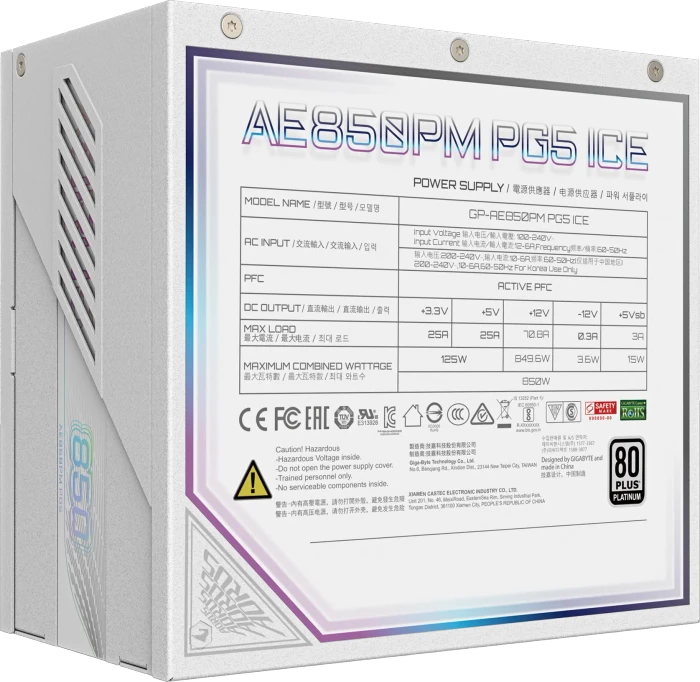 GIGABYTE AORUS Elite Platinum P850W ICE 850W, ATX 3.0, Rev. 1.0