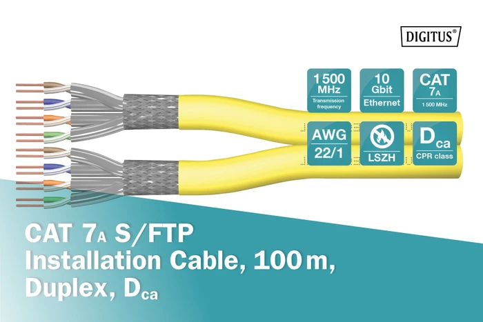 Digitus Professional Twisted-Pair Duplex Verlegekabel Dca, Cat7a, S/FTP, ohne Stecker, 100m, gelb