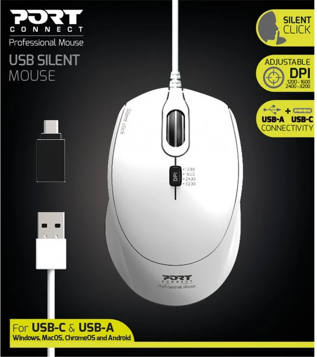Port Designs Wired Silent Pro Mouse weiß, USB