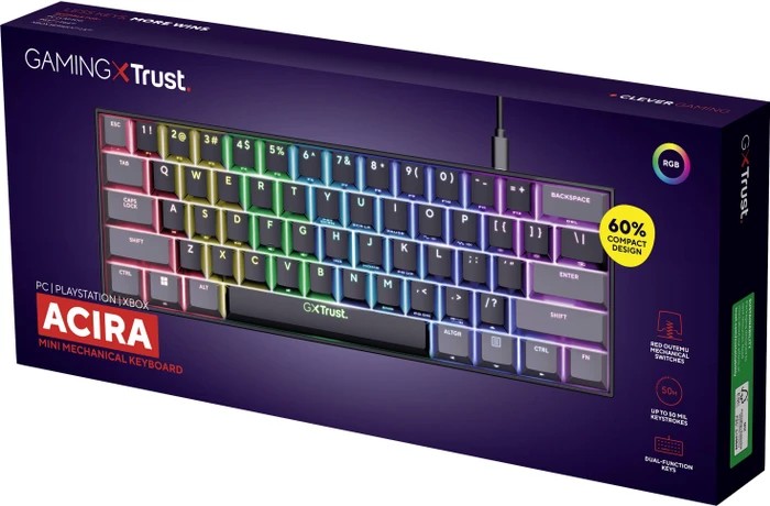 Trust Gaming GXT 867 Acira, 60%, schwarz, LEDs RGB, Outemu Red, USB, US