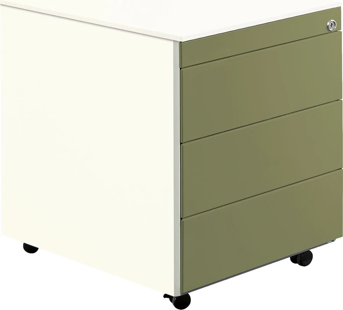 mauser Rollcontainer line, 570x600mm, 1x Utensilienauszug, 3x Materialschublade, reinweiß/schilfgrün