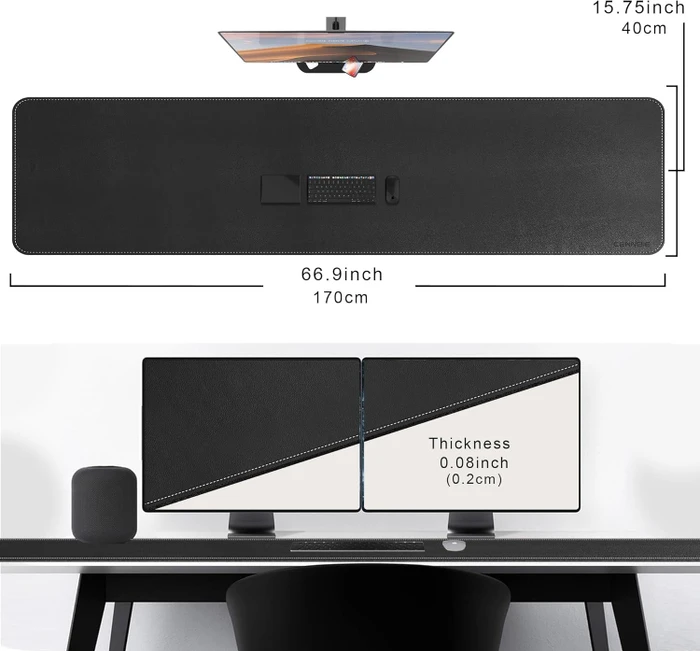 Cennbie Schreibtischunterlage Leder, Mauspad XXL, 1700x400mm, schwarz