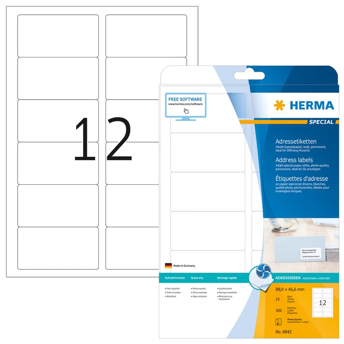 Herma Adressetiketten Inkjet, 88.9x46.6mm, weiß, matt, 25 Blatt (300 Etiketten)