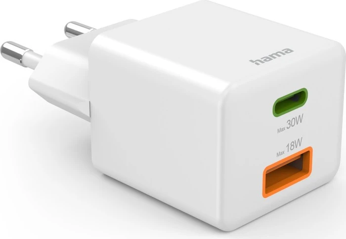 Hama Schnellladegerät 1x USB-C PD 1x USB-A QC Mini-Ladegerät 30W weiß
