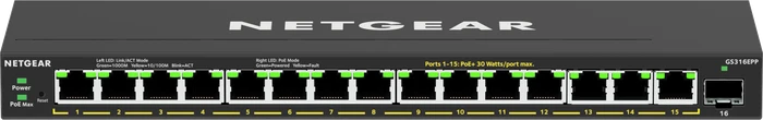 Netgear Ethernet Plus GS300 Desktop Gigabit Switch, 15x RJ-45, 1x SFP, 231W PoE+