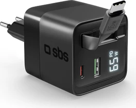 SBS Mobile Ladegerät mit Display & integriertem USB-C-Kabel 65W schwarz