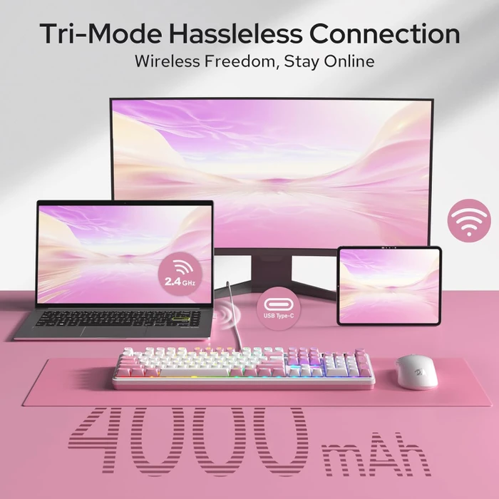 Redragon Terraflare K762 Pro Wireless, White & Pink, LEDs RGB, Mint Mambo, USB/Bluetooth, US