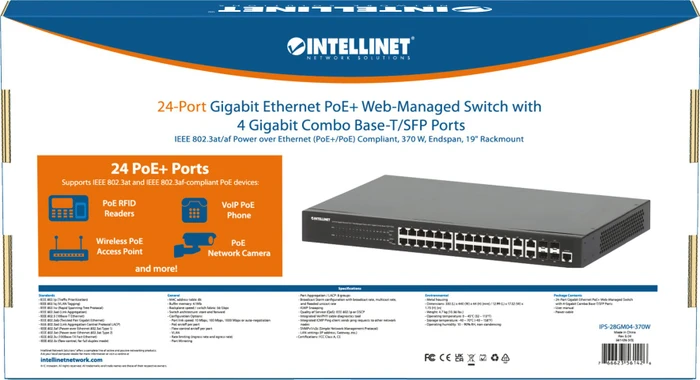 Intellinet Rackmount Gigabit Managed Switch, 24x RJ-45, 4x RJ-45/SFP, 370W PoE+