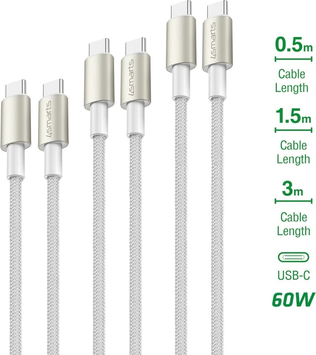 4smarts USB-C auf USB-C Kabel PremiumCord 60W 0.5m/1.5/3mm weiß/silber, 3er-Pack