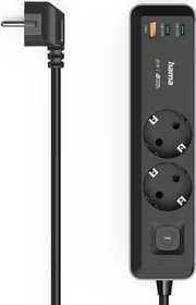 Hama Steckdosenleiste mit Schalter, 2-fach, 1x USB-A/2x USB-C 65W USB-PD, 1.4m, schwarz/grau