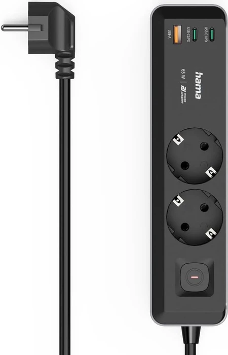 Hama Steckdosenleiste mit Schalter, 2-fach, 1x USB-A/2x USB-C 65W USB-PD, 1.4m, schwarz/grau