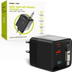 Mobile Origin 65W GaN LED Display Charger PW2 USB-C Self-Retracting Cable + USB-C + USB-A schwarz