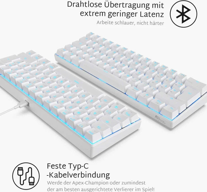 RK Royal Kludge RK61 60% Wireless, weiß, LEDs blau, Kailh BLUE, USB/Bluetooth, DE