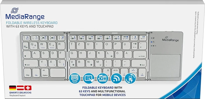 MediaRange kompakte Funk-Tastatur mit 63 Tasten und Touchpad, silber, Bluetooth, DE