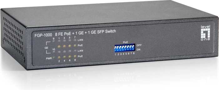 LevelOne FGP-1000 Desktop Switch, 9x RJ-45, 1x SFP, 82W PoE+