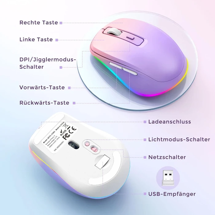 Seenda Rechargeable Wireless RGB Mouse mit Jiggler-Funktion, rosa/violett, USB