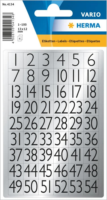 Herma Zahlenetiketten 1-100, 20x18mm, schwarz/silber, 4 Blatt (216 Etiketten)
