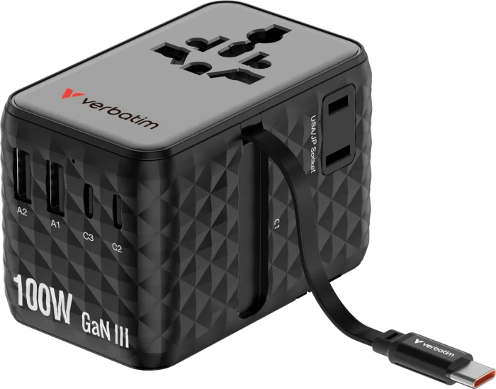 Verbatim Charge 'n' Travel GaN III Universal-Reiseadapter 100W grau/schwarz
