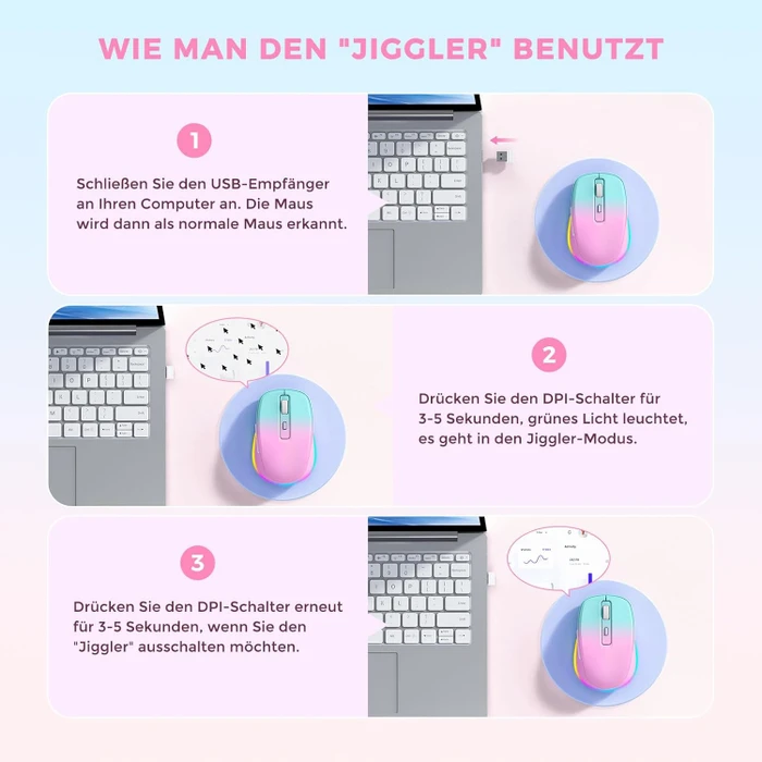 Seenda Rechargeable Wireless RGB Mouse mit Jiggler-Funktion, türkis/rosa, USB