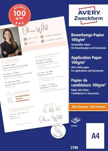 Avery-Zweckform Bewerbungspapier Inkjetpapier weiß, A4, 100g/m², 200 Blatt
