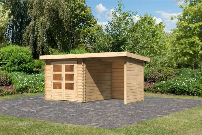 Karibu Bastrup 3 Gartenhaus inkl. Anbau 2m + Rück- und Seitenwand natur