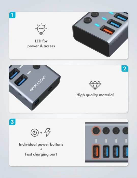 Graugear G-HUB71-A, USB-Hub, 8x USB-A 3.0, USB-B 3.0 [Buchse]