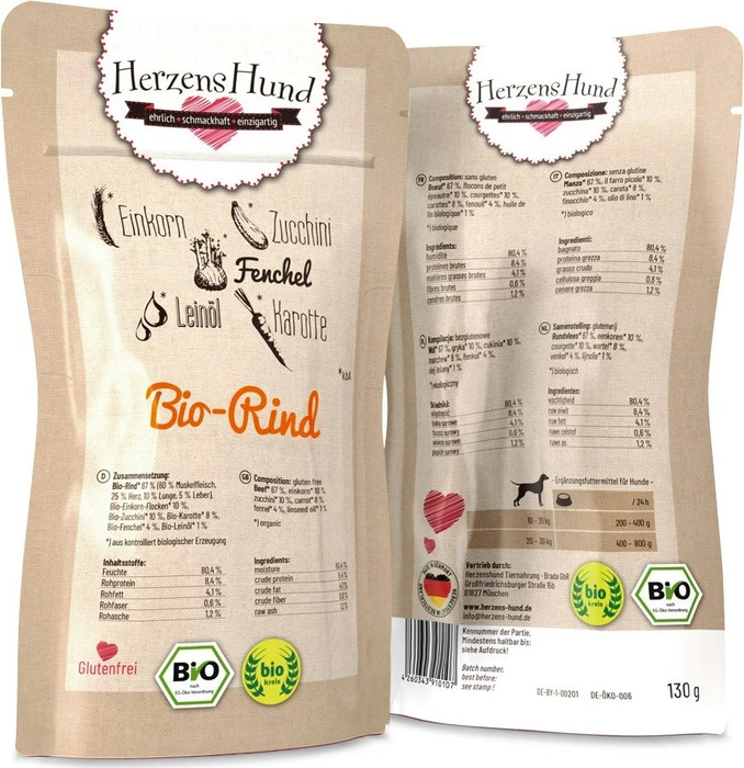 Herzens Hund Bio Rind mit Bio Gemüse, 1.95kg (15x 130g)