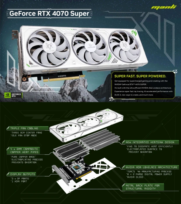Manli GeForce RTX 4070 SUPER Polar Fox V2, 12GB GDDR6X, HDMI, 3x DP