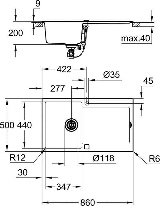 Grohe K500 50-C 86/50 1.0 rev Einbau Becken reversibel granit schwarz