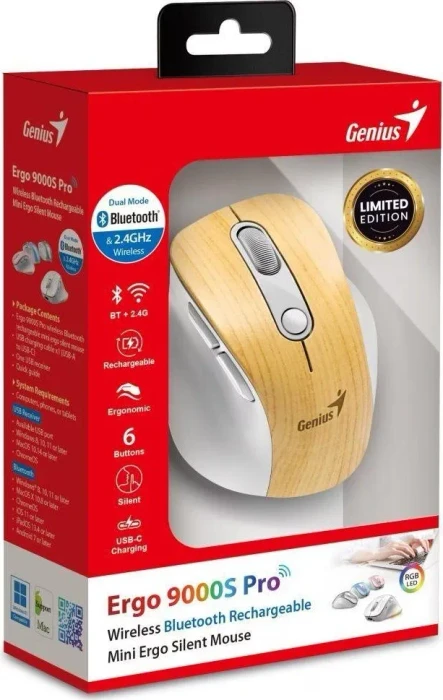 Genius Ergo 9000S Pro Wireless Bluetooth Rechargeable Mini Ergo Silent Mouse, Pine Wood, USB/Bluetooth