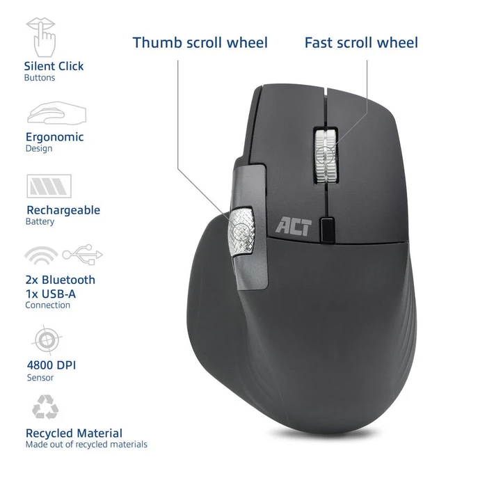 Act Wireless Multi-Connect Mouse, rechargeable, schwarz, USB/Bluetooth
