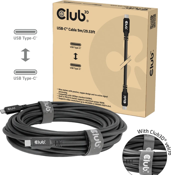 Club 3D USB4 Kabel, 20Gb/s, 8K60Hz, 100W PD, USB-C Stecker auf USB-C Stecker, schwarz, 9m