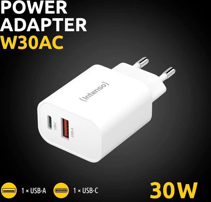 Intenso W30AC, USB-C Power Adapter, USB-Netzteil USB-C, 1x USB-C + 1x USB-A, 30W, weiß