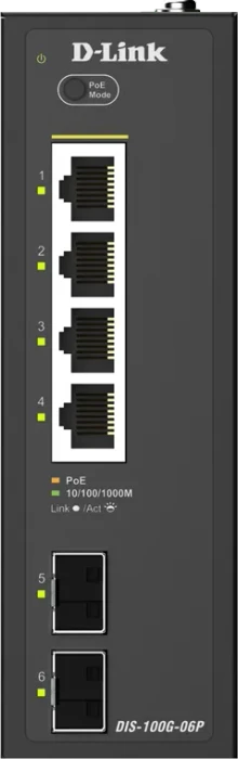 D-Link DIS-100G Industrial Railmount Gigabit Switch, 4x RJ-45, 2x SFP, 120W PoE+