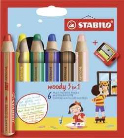 STABILO Woody 3in1 Wachsmalstift sortiert, Anspitzer, 6er-Set