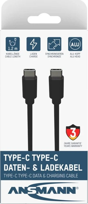 Ansmann USB-C Kabel, USB 3.0, 5Gb/s, 60W PD 3.0, USB-C Stecker auf USB-C Stecker, schwarz, 1.2m