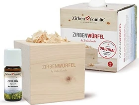 Zirbenfamilie ZirbenWürfel mit Gravur + Zirbenöl Duftwürfel-Set