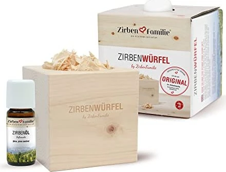 Zirbenfamilie ZirbenWürfel mit Gravur + Zirbenöl Duftwürfel-Set