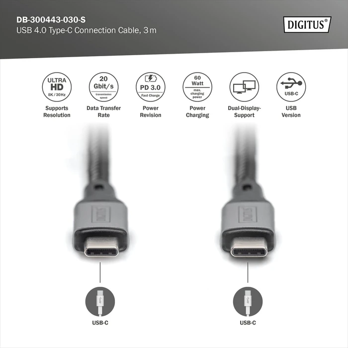 Digitus USB-C Kabel, USB4 Gen2x2, 20Gb/s, 4K60Hz, 60W PD, USB-C [Stecker] auf USB-C [Stecker], 3m