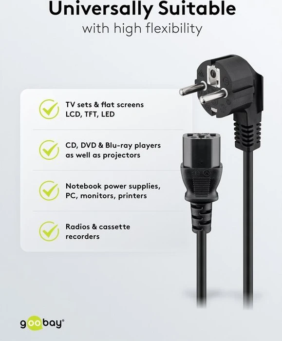 Wentronic Goobay Kaltgeräte Netzkabel, Schutzkontakt auf Kaltgerätestecker C13, gewinkelt, schwarz, 3m
