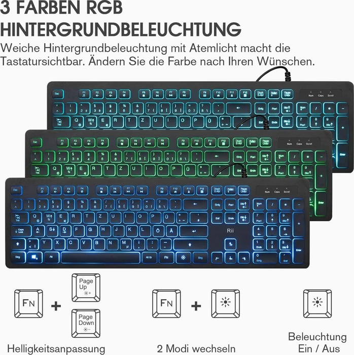 Riitek Rii RK105 Tastatur und Maus Set, USB, DE