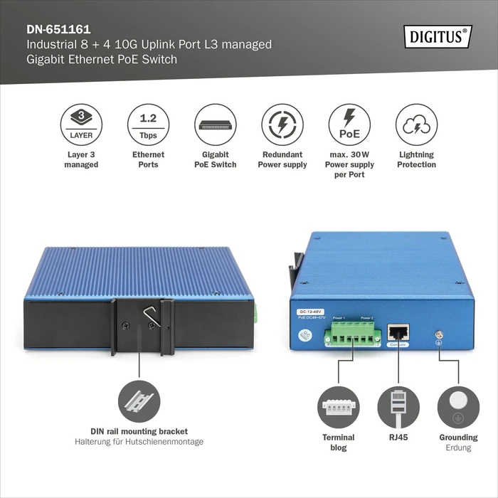 Digitus DN-65 Industrial Railmount Gigabit Managed Switch, 8x RJ-45, 4x SFP+, 240W PoE+