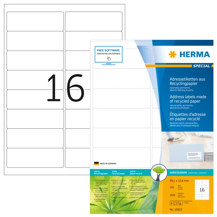 Herma Etiketten Recycling, 99.1x33.8mm, weiß, matt, 100 Blatt (1600 Etiketten)