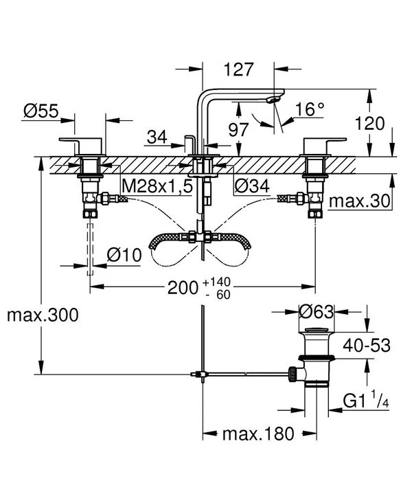 Grohe Lineare 3-Loch Waschbeckenarmatur 1/2" M-Size mit Ablauffernbedienung chrom