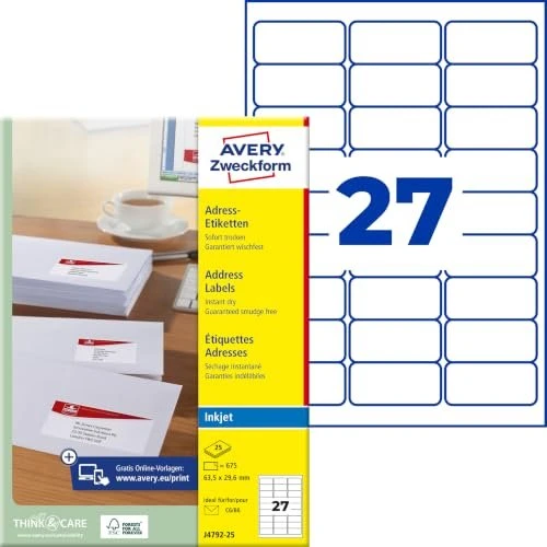 Avery-Zweckform Adressetiketten Sonderformat, 63.5x29.6mm, weiß, 25 Blatt (675 Etiketten)
