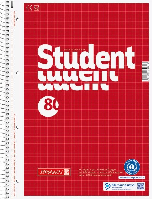 Brunnen Student Recycling Collegeblock, A4, kariert, rot, 80 Blatt