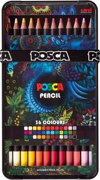 Uni-Ball POSCA Pencil KPE-200 Wachsmalstift sortiert, Metalletui, 36er-Set