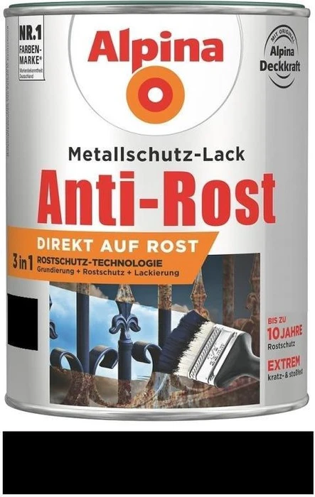 Alpina Farben Metallschutz-Lack Anti-Rost außen schwarz glänzend, 750ml