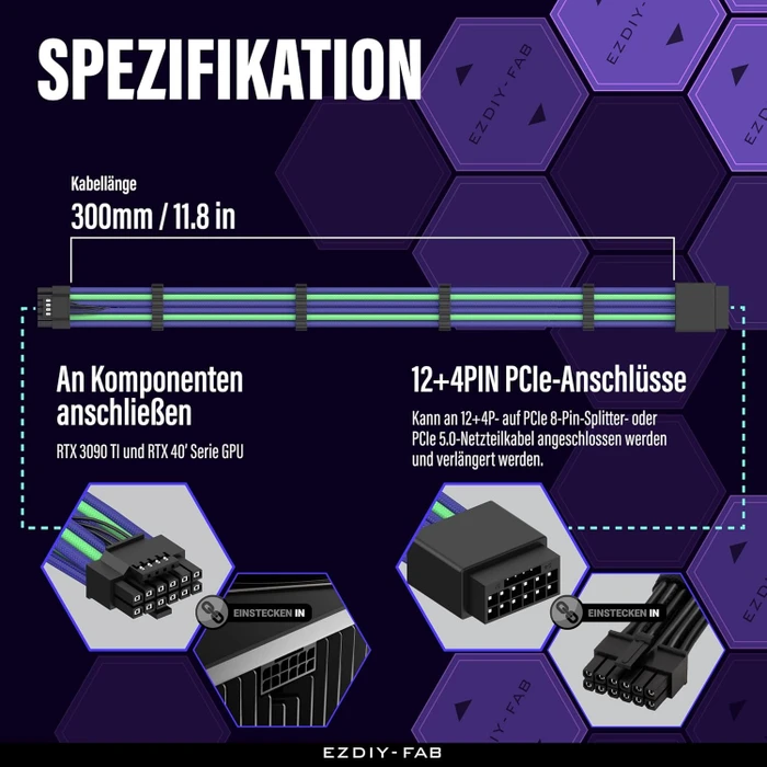 EZDIY-FAB 12VHPWR Kabel, 16-Pin PCIe Verlängerungskabel, 16-Pin PCIe 5.0 12VHPWR Buchse auf 16-Pin PCIe 5.0 12VHPWR Stecker, 16AWG, violett/grün, 30cm