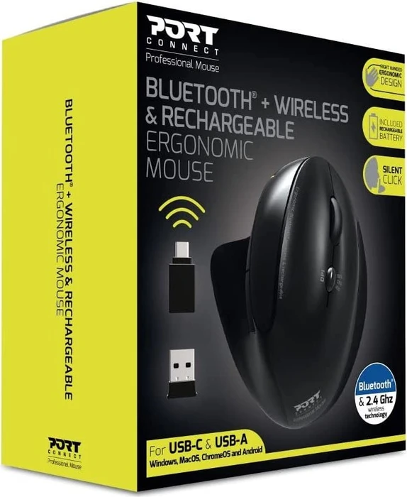Port Designs Wireless Rechargeable Ergonomic Mouse, USB/Bluetooth